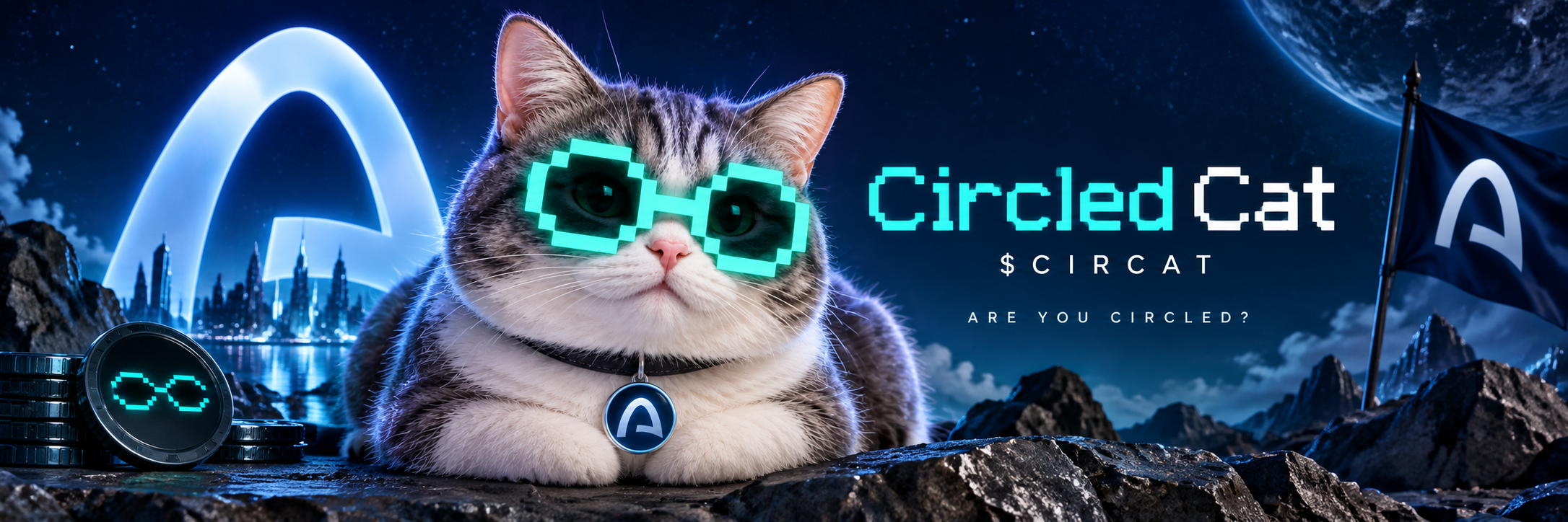 Circled Cat loafing on Arc terrain in cyan pixel glasses, with Circled Cat $CIRCAT and Are you Circled? set in pixel type.